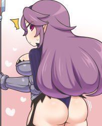 Rule 34 | 1girl, ^^^, armor, armor knight (disgaea), ass, boobplate, breastplate, closed mouth, disgaea, from behind, gauntlets, hairband, heart, highres, holding, holding polearm, holding weapon, leotard, long hair, looking at viewer, looking back, pink background, pink eyes, pointy ears, polearm, purple hair, rantana (lalalalackluster), solo, standing, weapon