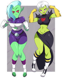 Rule 34 | 2girls, absurdres, abysswatchers, breasts, cheelai, colored skin, dragon ball, dragon ball super, green skin, highres, large breasts, legs, long legs, lord dominator, medium breasts, multiple girls, sexually suggestive, short hair, shorts, white background, white hair
