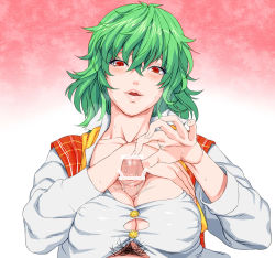 Rule 34 | 1girl, bad id, bad pixiv id, blush, breasts, castella, censored, cleavage, covered erect nipples, green hair, huge breasts, kazami yuuka, lips, looking at viewer, open mouth, paizuri, paizuri under clothes, penis, red eyes, solo, touhou, upper body