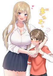 Rule 34 | 1boy, 1girl, absurdres, age difference, bad id, bad pixiv id, blonde hair, blue eyes, breast press, breasts, brown hair, child, cleavage, dress, earrings, heart, highres, jewelry, large breasts, looking at viewer, necklace, onee-shota, open mouth, original, red shirt, shirt, teeth, white background, yuuki mero