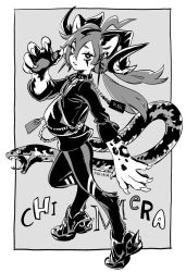 Rule 34 | 1other, ahoge, animal ears, animal feet, animal hands, artist name, chimera, claws, collar, digitigrade, ear piercing, extra mouth, fanny pack, full body, goat horns, grey background, greyscale, hair between eyes, hand up, high contrast, horns, jaguar ears, long hair, looking at viewer, low twintails, monochrome, o-ring collar, original, piercing, rem (tsulala), scales, shoes, snake head tail, snake tail, solo, studded collar, symbol-shaped pupils, tail, tiptoes, twintails, x-shaped pupils