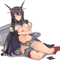 Rule 34 | 1girl, black gloves, black hair, blush, breasts, closed mouth, elbow gloves, gloves, hair between eyes, headgear, kantai collection, kasumi (skchkko), large breasts, long hair, machinery, nagato (kancolle), nagato kai ni (kancolle), navel, one eye closed, partially fingerless gloves, pleated skirt, red eyes, red thighhighs, rigging, simple background, skirt, solo, thighhighs, torn clothes, torn coat, torn gloves, torn skirt, torn thighhighs, turret, white background, white skirt