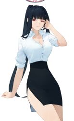 Rule 34 | 1girl, absurdres, adjusting hair, arm support, black hair, black skirt, blue archive, breasts, cleavage, closed mouth, collared shirt, dokshuri, hair ornament, hairclip, halo, highres, large breasts, long hair, partially unbuttoned, pencil skirt, ponytail, red eyes, rio (blue archive), shirt, side slit, skirt, sleeves rolled up, solo, white background, white shirt