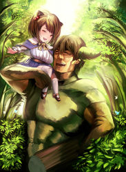 Rule 34 | 10s, 1boy, 1girl, absurdres, breasts, brown hair, closed eyes, draph, dress, flower, granblue fantasy, held up, highres, holding, horns, large breasts, open mouth, outdoors, plant, shortstack, size difference, standing, tahnya, tree, yaia (granblue fantasy)