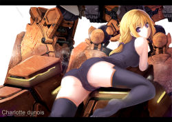Rule 34 | 10s, 1girl, akizone, artist name, ass, bad id, bad pixiv id, bare shoulders, black thighhighs, blonde hair, bodysuit, braid, breasts, character name, charlotte dunois, dated, from side, halterneck, infinite stratos, leotard, letterboxed, long hair, looking at viewer, looking back, lying, mecha, on stomach, pilot suit, purple eyes, rafale revive custom ii, robot, scrunchie, sidelocks, simple background, single braid, small breasts, solo, spread legs, thighhighs, turtleneck, white background