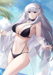 Rule 34 | 1girl, absurdres, azur lane, bare shoulders, belfast (azur lane), bikini, black bikini, black choker, blue eyes, blue sky, braid, breasts, choker, cloud, commentary, commission, cowboy shot, day, french braid, groin, highres, large breasts, long hair, looking at viewer, navel, off shoulder, outdoors, pixiv commission, sky, smile, solo, standing, stomach, swimsuit, thighs, very long hair, white hair, yan lie