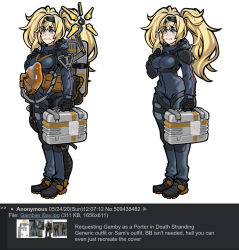 Rule 34 | 1girl, @ @, alternate costume, blonde hair, blue eyes, blush, breasts, character request, closed mouth, death stranding, embarrassed, gambier bay (kancolle), hairband, highres, kantai collection, large breasts, long hair, looking away, twintails, wahae, wavy mouth