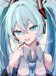 Rule 34 | 1girl, :d, bare shoulders, black sleeves, blue eyes, blue hair, blue nails, blue necktie, breasts, collared shirt, detached sleeves, fang, frilled shirt, frills, grey shirt, hair intakes, hair ornament, hand on headwear, hatsune miku, head tilt, headset, highres, long hair, long sleeves, looking at viewer, medium breasts, microphone, naguno-0713, nail polish, necktie, number tattoo, open mouth, shirt, sidelocks, signature, sleeveless, sleeveless shirt, smile, solo, tattoo, teeth, twintails, upper body, vocaloid, wing collar