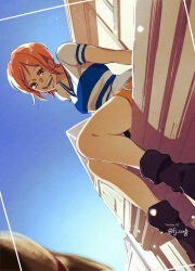 Rule 34 | 1boy, 1girl, blue shirt, blue sky, boots, brown footwear, building, commentary, day, from below, fujisee, hat, highres, looking at another, looking down, monkey d. luffy, nami (one piece), one piece, open mouth, orange eyes, orange hair, orange skirt, out of frame, outdoors, shirt, short hair, short sleeves, sitting, skirt, sky, smile, straw hat, symbol-only commentary, twitter username, two-tone shirt, v-neck, white shirt