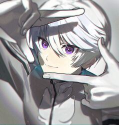 Rule 34 | 1boy, bishounen, blurry, blurry edges, closed mouth, depth of field, finger frame, grey hair, hair between eyes, highres, light smile, looking at viewer, male focus, mikleo (tales), muted color, portrait, purple eyes, short hair, smile, solo, spot color, swept bangs, tales of (series), tales of zestiria, v1oletw1steria