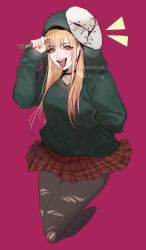 Rule 34 | black hoodie, black pantyhose, blonde hair, colored tips, commentary, commission, cosplay, dead by daylight, english commentary, highres, holding, holding knife, hood, hoodie, kitagawa marin, kitty keihara, knife, long hair, looking at viewer, mask, mask on head, multicolored hair, pantyhose, piercing, pink hair, plaid, plaid skirt, red eyes, red skirt, skirt, smile, sono bisque doll wa koi wo suru, the legion (dead by daylight), the legion (dead by daylight) (cosplay), tongue, tongue out, tongue piercing, watermark