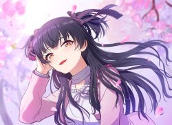 Rule 34 | 1girl, black hair, black ribbon, blunt bangs, blurry, blurry foreground, brown eyes, cherry blossoms, commentary, day, depth of field, hair ribbon, half-closed eyes, hand in own hair, idolmaster, idolmaster shiny colors, kamille (vcx68), long hair, long sleeves, looking at viewer, mayuzumi fuyuko, open mouth, outdoors, petals, pink shirt, ribbon, shirt, smile, solo, two side up, upper body, wind