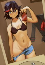 Rule 34 | 1girl, bathroom, black bra, black hair, bloop (archives), blue eyes, bra, breasts, cellphone, clothes pull, commentary, door, female pubic hair, kill la kill, looking at viewer, matoi ryuuko, multicolored hair, navel, phone, pubic hair, red hair, selfie, senketsu, short hair, smartphone, solo, thick thighs, thighs, underwear