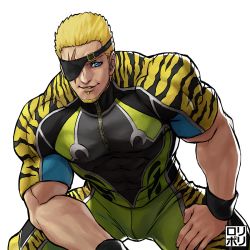 Rule 34 | animal print, blonde hair, blue eyes, eyepatch, facial hair, goatee, highres, jamrolypoly, large pectorals, male focus, muscular, muscular male, pants, pectorals, ramon (kof), scar, scar across eye, scar on face, shirt, snk, solo, solo focus, the king of fighters, the king of fighters xiv, the king of fighters xv, tiger print, track pants, white background, wristband