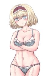 Rule 34 | 1girl, alice margatroid, blonde hair, blue eyes, blush, bra, breast hold, breasts, collarbone, crossed arms, expressionless, groin, hairband, hbkhk2007, highres, hip focus, lace, lace-trimmed bra, lace-trimmed panties, lace trim, light frown, lolita hairband, lowleg, lowleg panties, medium breasts, navel, panties, short hair, sketch, solo, toned, touhou, tsurime, underwear, underwear only
