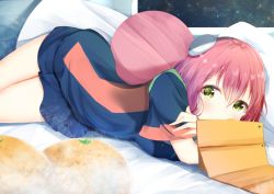 Rule 34 | 1girl, aries spring, aties20, bed sheet, blue dress, brown eyes, commentary request, covered mouth, dress, hair between eyes, hair ornament, indoors, kanata no astra, looking at viewer, lying, night, on side, pillow, pink hair, short sleeves, solo, window