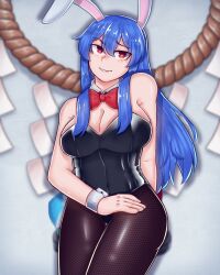 Rule 34 | 1girl, absurdres, averageairhead, blue hair, bow, breasts, highres, hinanawi tenshi, large breasts, leotard, long hair, looking at viewer, pantyhose, playboy bunny, red bow, red eyes, solo, touhou, wrist cuffs
