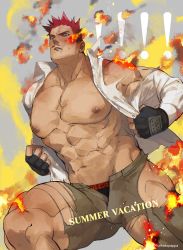 Rule 34 | !, !!, 1boy, abs, bara, bare pectorals, beard, black male underwear, boku no hero academia, brown pants, bulge, burnt clothes, collared shirt, edging underwear, endeavor (boku no hero academia), english text, facial hair, feet out of frame, fingerless gloves, fire, furikakepappa, gloves, highres, large pectorals, looking at viewer, male focus, male underwear, male underwear peek, mature male, muscular, muscular male, navel, nipples, official alternate costume, open pants, pants, pectorals, red hair, scar, scar across eye, scar on face, shirt, short hair, sideburns, solo, spiked hair, stomach, stubble, tearing clothes, thick thighs, thighs, torn clothes, torn pants, torn shirt, underwear, undressing