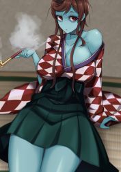 Rule 34 | 10s, absurdres, blue skin, breasts, brown hair, cleavage, collarbone, colored skin, hair ornament, highres, japanese clothes, kimono, large breasts, long hair, looking at viewer, miniskirt, off shoulder, smoking pipe, pleated skirt, red eyes, shi shi ji, sitting, skirt, smoking, solo, yuugiri (zombie land saga), zombie, zombie land saga