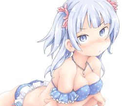 Rule 34 | 1girl, bikini, blue bikini, blue eyes, blue hair, blush, breasts, cleavage, female focus, frilled bikini, frills, ham (points), jewelry, light blue hair, lying, magia record: mahou shoujo madoka magica gaiden, mahou shoujo madoka magica, medium breasts, minami rena, necklace, on stomach, pout, simple background, solo, swimsuit, two side up, white background
