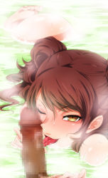 Rule 34 | 1girl, atlus, barefoot, bath, bathtub, blush, brown hair, censored, close-up, dark penis, feet, fellatio, hairu, handjob, hetero, highres, kujikawa rise, licking, long hair, looking at viewer, mosaic censoring, naughty face, nude, one eye closed, oral, partially submerged, penis, persona, persona 4, pubic hair, saliva, solo focus, steam, toes, tongue, tongue out, twintails, water, wet, wink, yellow eyes