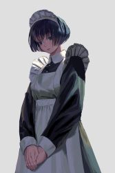 Rule 34 | 1girl, black eyes, black hair, closed mouth, frills, grey background, highres, kokonotsunbai, maid, maid headdress, original, own hands together, short hair, simple background, solo, standing