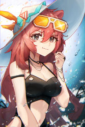 Rule 34 | 1girl, absurdres, animal ears, arknights, bare arms, bare shoulders, black one-piece swimsuit, breasts, cleavage, clothing cutout, u-official (arknights), eyewear on head, grey eyes, hair between eyes, hand up, highres, huajiaohaibao, long hair, looking at viewer, medium breasts, navel, one-piece swimsuit, one eye closed, pink hair, smile, solo, stomach, stomach cutout, sunglasses, swimsuit, upper body, very long hair, white headwear