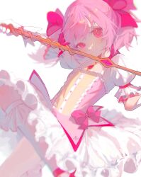 Rule 34 | 1girl, blurry, bow, bow (weapon), bow choker, closed mouth, dress, frills, gloves, hair bow, highres, holding, holding bow (weapon), holding weapon, kaname madoka, looking at viewer, mahou shoujo madoka magica, mahou shoujo madoka magica (anime), medium hair, pink bow, pink dress, pink eyes, pink gemstone, pink hair, ruu poppo, short sleeves, simple background, smile, solo, soul gem, two side up, weapon, white background, white dress, white gloves