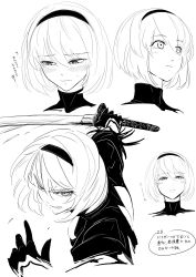 Rule 34 | 1girl, back cutout, teeth, black dress, blush, cleavage cutout, clothing cutout, dress, expressions, face, fighting stance, greyscale, high contrast, highres, imizu (nitro unknown), katana, long sleeves, monochrome, nier (series), nier:automata, no blindfold, solo, sword, tearing up, translation request, vambraces, virtuous contract, weapon, wide-eyed, 2b (nier:automata)