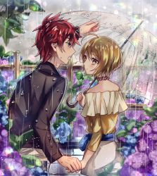 Rule 34 | 1boy, 1girl, black shirt, blonde hair, blue eyes, blue flower, blurry, blurry foreground, couple, eye contact, flower, hair between eyes, harryham harry, highres, holding, holding hands, holding umbrella, hugtto! precure, hydrangea, kagayaki homare, long sleeves, looking at another, mady (madine08260), miniskirt, off-shoulder shirt, off shoulder, open mouth, outdoors, parted lips, precure, purple flower, rain, red hair, shirt, short hair, skirt, sweatdrop, transparent, transparent umbrella, umbrella, white skirt, yellow eyes, yellow shirt