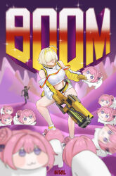 Rule 34 | 1boy, 2girls, absurdres, ahoge, artist request, blonde hair, blush stickers, character name, character request, chibi, cropped jacket, doom (series), elegg (nikke), goddess of victory: nikke, gun, hair intakes, hair over eyes, highres, holding, holding gun, holding weapon, jacket, logo, long sleeves, microskirt, motion blur, multiple girls, multiple persona, navel, neon lights, parody, pink hair, purple hair, running, shiny skin, shoes, short shorts, shorts, simple background, skirt, smile, sneakers, standing, tongue, tongue out, weapon, white background, white jacket, wide hips