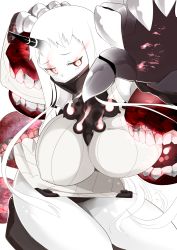Rule 34 | 10s, 1girl, abyssal ship, breasts, claws, colored skin, covered mouth, detached sleeves, dress, highres, horns, huge breasts, kantai collection, long hair, mittens, pale skin, red eyes, ribbed dress, ribbed sweater, seaport princess, shiyoo, short dress, single horn, solo, sweater, sweater dress, very long hair, white dress, white hair, white skin