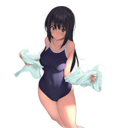 Rule 34 | 1girl, absurdres, black hair, blush, breasts, brown eyes, closed mouth, collarbone, competition school swimsuit, cowboy shot, hands up, highres, holding, long hair, looking at viewer, medium breasts, navel, one-piece swimsuit, original, school swimsuit, senjitsu musou, shade, shadow, sidelocks, simple background, smile, solo, standing, swimsuit, towel, white background