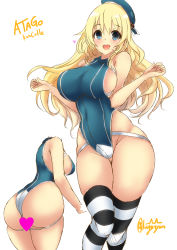 Rule 34 | 1girl, adapted costume, ass, atago (kancolle), beret, bikini, blonde hair, blue headwear, blue one-piece swimsuit, breasts, character name, competition swimsuit, cowboy shot, green eyes, green one-piece swimsuit, hat, highres, kantai collection, kuga zankurou, large breasts, long hair, looking at viewer, multiple views, one-piece swimsuit, side-tie bikini bottom, simple background, swimsuit, white background