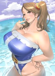 Rule 34 | 10s, 1girl, bare shoulders, breasts, brown eyes, brown hair, chouzuki maryou, cleavage, cloud, cosplay, cowboy shot, dated, day, finger to mouth, gundam, gundam build fighters, gundam build fighters try, hair ornament, highleg, highleg leotard, highres, kotoyoshi yumisuke, large breasts, leotard, looking at viewer, ocean, outdoors, parted lips, plump, real life, sazaki kaoruko, sazaki kaoruko (cosplay), sky, solo, sparkle, strapless, strapless leotard, thick arms, twintails