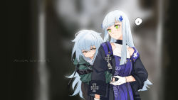 Rule 34 | 2girls, artist name, brown eyes, commentary request, dated, g11 (girls&#039; frontline), g11 (mod3) (girls&#039; frontline), girls&#039; frontline, gloves, grabbing, grabbing from behind, green eyes, hair ornament, highres, hk416 (girls&#039; frontline), hk416 (mod3) (girls&#039; frontline), jacket, long hair, looking at another, messy hair, mod3 (girls&#039; frontline), multiple girls, mush, no headwear, silver hair, upper body, white gloves