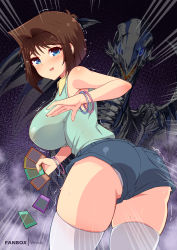 Rule 34 | 1girl, absurdres, ass, blue-eyes white dragon, blue eyes, blush, breasts, brown hair, card, cowboy shot, dragon, duel monster, emphasis lines, fanbox username, from behind, highres, holding, holding card, large breasts, looking at viewer, looking back, mazaki anzu, panties under shorts, scared, short hair, short shorts, shorts, solo, thighhighs, virus-g, white thighhighs, yu-gi-oh!