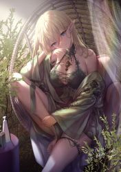 Rule 34 | 1girl, bare shoulders, barefoot, blonde hair, blue eyes, breasts, cleavage, closed mouth, collarbone, commentary request, dress, elf, floral print, head tilt, hi-na1, highres, jewelry, large breasts, leg up, lips, long hair, looking at viewer, necklace, off shoulder, original, pointy ears, see-through, simple background, sitting, sleeveless, smile, solo, thigh strap, toes, wide sleeves