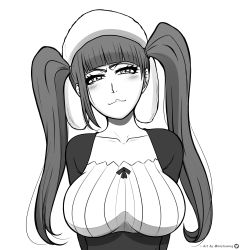Rule 34 | 1girl, absurdres, alternate breast size, bleach, blush, breasts, dokugamine riruka, hat, highres, large breasts, lips, long hair, mistowing, monochrome, simple background, solo, standing, tsundere, twintails, twitter username, upper body, white background