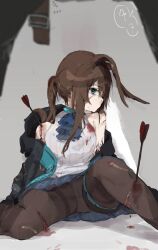 Rule 34 | 1girl, amiya (arknights), animal ears, arknights, arrow (projectile), arrow in body, ascot, bare shoulders, black pantyhose, blue ascot, blue eyes, blue jacket, blue skirt, choker, commentary, cuts, highres, injury, jacket, ladder, long hair, looking at viewer, material growth, open clothes, open jacket, oripathy lesion (arknights), panties, panties under pantyhose, pantyhose, plaid, plaid skirt, ponytail, rabbit ears, rabbit girl, shirt, sidelocks, skirt, sleeveless, sleeveless shirt, solo focus, thigh strap, torn clothes, translation request, underwear, unitedunti, upskirt, white shirt