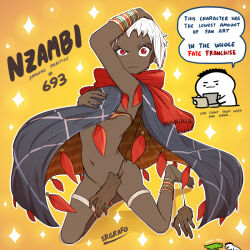 Rule 34 | 1girl, anklet, arm up, barefoot, bracelet, character name, cloak, dark-skinned female, dark skin, english text, fate/requiem, fate (series), jewelry, kneeling, looking at viewer, navel, nzambi (fate), red eyes, revealing clothes, severed hand, short hair, solo, srgrafo, uneven eyes, very dark skin, very short hair, white hair