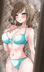 Rule 34 | 1girl, absurdres, animal print, aqua bikini, aqua bow, arm at side, assault lily, bare arms, bare shoulders, bikini, blurry, blurry foreground, blush, bow, bow bikini, braid, breasts, bright pupils, brown eyes, brown hair, butterfly print, collarbone, commentary request, cowboy shot, flower, groin, hair flower, hair ornament, halterneck, hand on own chest, hand up, highres, indoors, looking ahead, low twin braids, low twintails, medium breasts, medium hair, navel, parted lips, print bikini, rokkaku shiori, shower (place), showering, solo, standing, steam, stomach, swimsuit, twin braids, twintails, white flower, white pupils, ya-man