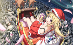 Rule 34 | 1girl, 22/7, :d, bare shoulders, blonde hair, blush, boots, breasts, christmas, collarbone, dress, fujima sakura, gift, hat, highres, holding, holding gift, kantoku, long hair, looking at viewer, looking back, open mouth, petals, purple eyes, red dress, santa boots, santa costume, santa dress, santa hat, sitting, small breasts, smile, solo, winter