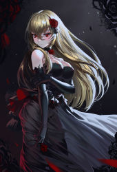 Rule 34 | 1girl, absurdres, bare shoulders, black dress, black flower, black gloves, black panties, black rose, black thighhighs, blonde hair, breasts, character request, choker, cleavage, closed mouth, collarbone, commentary, copyright request, dark background, dress, elbow gloves, flower, gemi ningen, gloves, hair flower, hair ornament, highres, holding, holding flower, holding own arm, large breasts, long hair, long skirt, looking at viewer, pale skin, panties, red eyes, red flower, red rose, rose, see-through, see-through skirt, skindentation, skirt, slit pupils, solo, standing, thighhighs, thighs, thorns, underwear, vampire