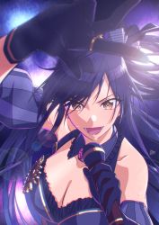 Rule 34 | 1girl, alternate costume, arm over head, bare shoulders, black gloves, black hair, breasts, cleavage, commentary request, detached sleeves, dress, frills, from above, gloves, hair ornament, highres, holding, holding microphone, idol, idolmaster, idolmaster shiny colors, jewelry, large breasts, long hair, microphone, music, open mouth, purple dress, ring, shirase sakuya, singing, solo, sweat, sweatdrop, wakou (zassou tamashi), yellow eyes