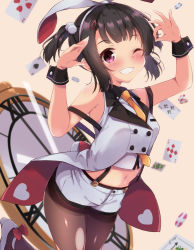 Rule 34 | 1girl, animal ears, arms up, black hair, blush, breasts, brown background, brown pantyhose, card, club (shape), collared shirt, commentary request, crop top, diamond (shape), fake animal ears, hair ornament, hairband, hairclip, high heels, highres, jacket, pantyhose under shorts, midriff, navel, necktie, orange necktie, original, pantyhose, playing card, pocket watch, purple eyes, rabbit ears, roman numeral, shirt, shoes, short shorts, short twintails, shorts, sleeveless, sleeveless jacket, sleeveless shirt, small breasts, solar milk, solo, spade (shape), twintails, watch, white footwear, white hairband, white jacket, white shirt, white shorts, wrist cuffs