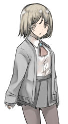 Rule 34 | 1girl, :o, breasts, brown eyes, brown hair, brown pantyhose, cardigan, collared shirt, comah, dress shirt, grey cardigan, grey skirt, highres, long sleeves, open cardigan, open clothes, original, pantyhose, parted lips, pleated skirt, shirt, simple background, skirt, sleeves past wrists, small breasts, solo, white background, white shirt