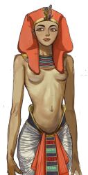 Rule 34 | 1girl, breasts, brown eyes, egyptian, egyptian clothes, egyptian hat, hatshepsut, highres, historically accurate costume, mossacannibalis, navel, nipples, real life, simple background, small breasts, solo, standing, stomach, yellow background