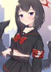 Rule 34 | 1girl, armband, black choker, black hair, black sailor collar, black serafuku, black shirt, black skirt, black wings, blue archive, blush, bow, breasts, choker, collarbone, commentary request, crop top, crop top overhang, feathered wings, halo, highres, looking at viewer, low wings, mashiro (blue archive), medium breasts, parted lips, pleated skirt, purple eyes, red bow, safety pin, sailor collar, school uniform, serafuku, shirt, skirt, solo, sweat, uneg, winged halo, wings