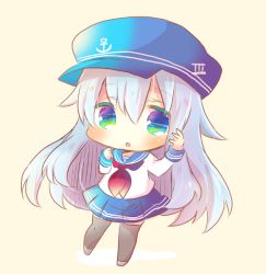 Rule 34 | 1girl, :o, anchor symbol, arm up, beige background, black thighhighs, blue eyes, blue hat, blue sailor collar, blue skirt, blush, chibi, colored eyelashes, double horizontal stripe, flat cap, full body, hand up, hat, hibiki (kancolle), kantai collection, kou hiyoyo, long hair, long sleeves, looking at viewer, neckerchief, parted lips, pleated skirt, red neckerchief, sailor collar, school uniform, serafuku, shirt, silver hair, skirt, solo, standing, standing on one leg, thighhighs, very long hair, white shirt